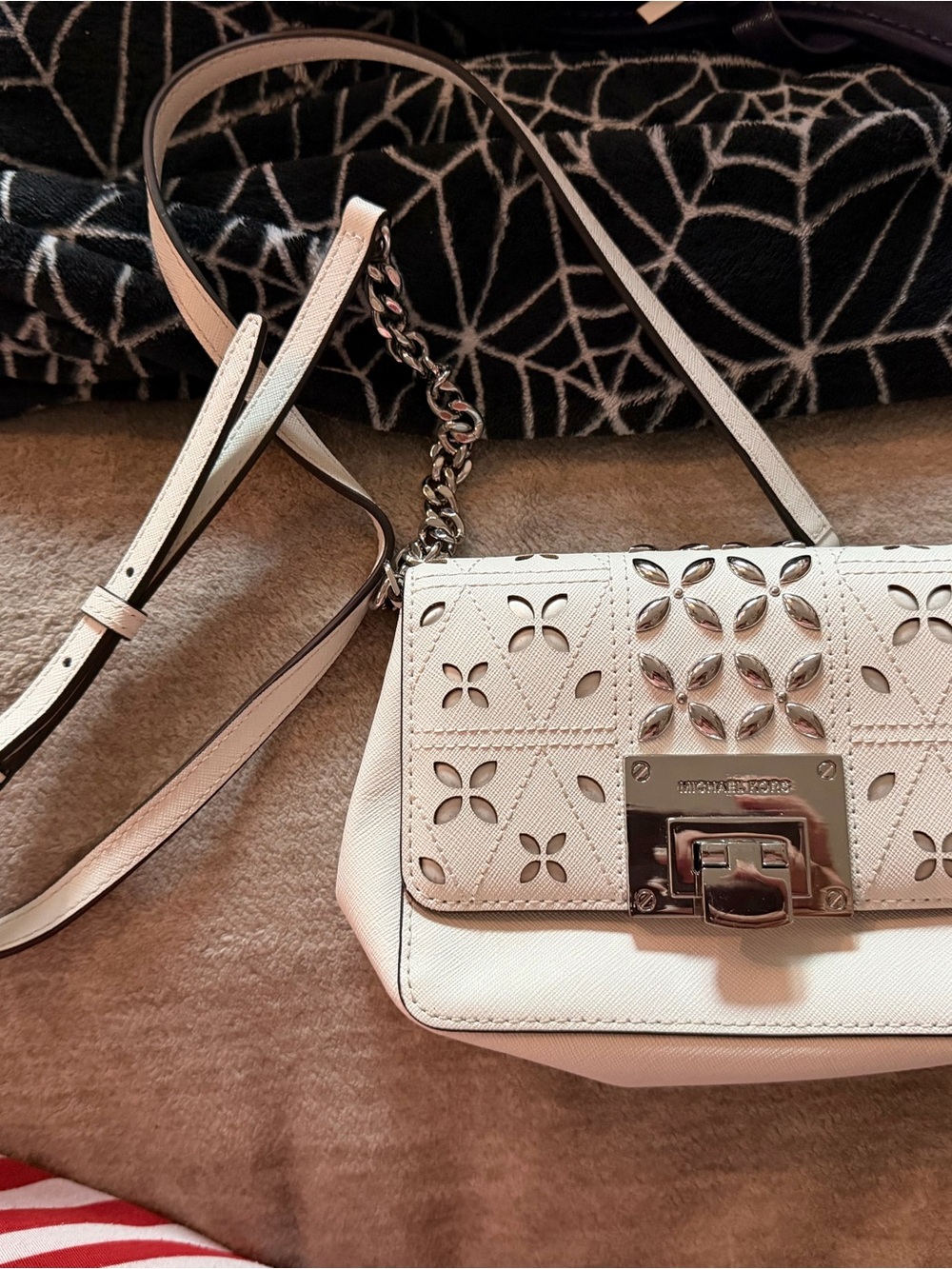 Michael Kors Cream Leather Laser-Cut Crossbody with Chain Strap